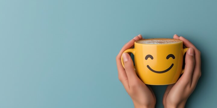 A playful close-up of hands gently holding a yellow coffee mug with a frothy smiley face