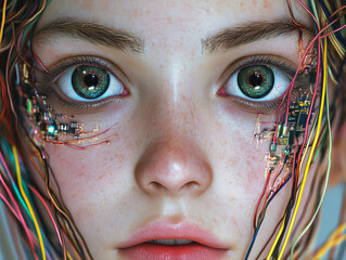A futuristic portrait of a young female robot cyborg with a human face, featuring intricate wires and microchips, symbolizing advancements in AI and robotics.
