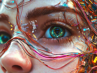 A futuristic portrait of a young female robot cyborg with a human face, featuring intricate wires and microchips, symbolizing advancements in AI and robotics.