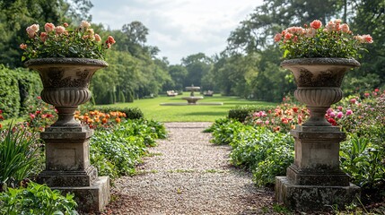Classical garden grand sweeping lawn bordered flower beds filled roses lilies garden features elegant stone urns on pedestals a central fountain and gravel pathways winding through the lush greenery
