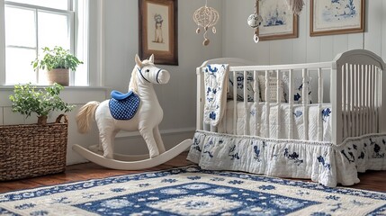 Traditional nursery with a classic rocking horse embroidered quilts and a vintage mobile captured in a closeup shot to focus on intricate details