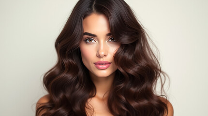 Fototapeta premium A woman with voluminous dark hair poses confidently, showcasing her healthy hair and radiant complexion