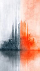 Watercolor Forest Landscape with Muted Orange and Black Vertical Reflections