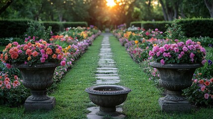 Classical garden sprawling lawn bordered carefully arranged flower beds trimmed hedges stone pathways Ornate planters house colorful seasonal blooms while decorative birdbath stands the gardens center
