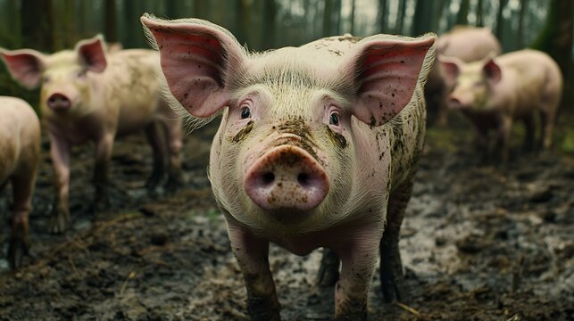 Little pig in muddy land, farm animal, pink piglet - Powered by Adobe