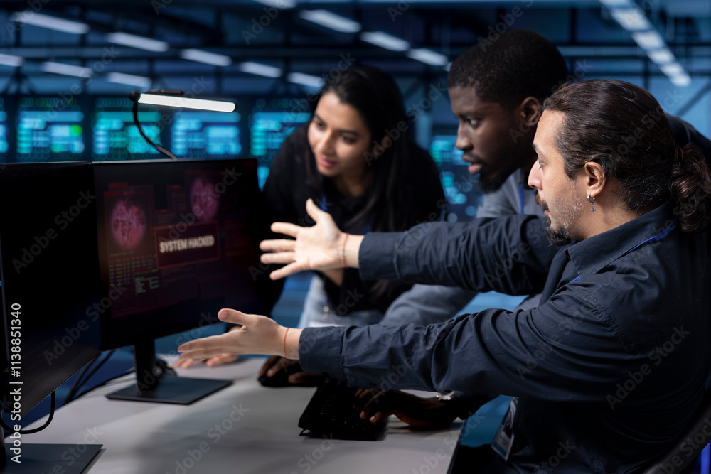 Poster team of programmers in server hub facility frightened by hacker passing firewall and stealing data. 