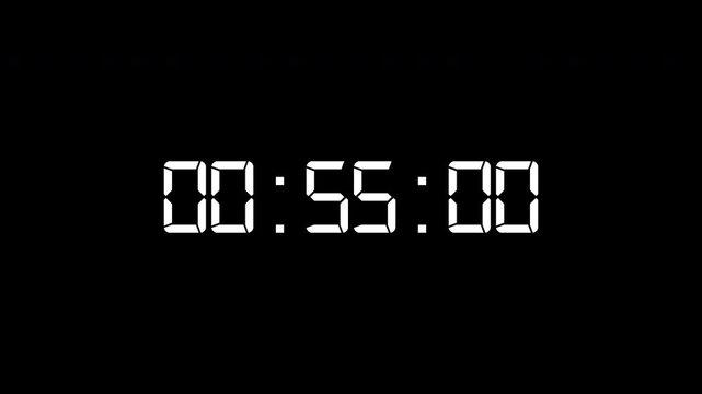 1-minute countdown timer animation, isolated on a black background with an alpha channel.