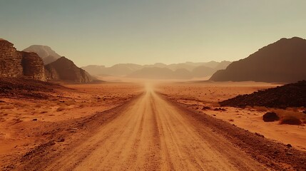Dusty off road landscape, old road passing through mountain and desert natural view