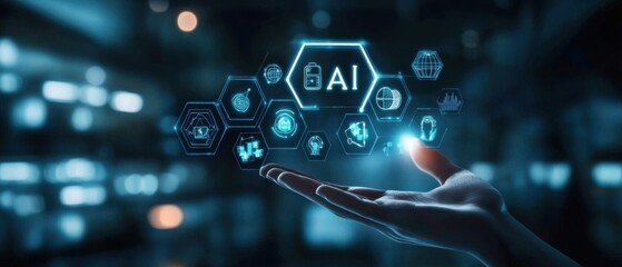 Innovative AI Technology Concept: Hand Holding Futuristic Network of Hexagons