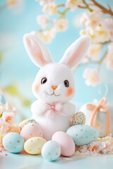 Charming rabbit sits among pastel-colored Easter eggs, with blooming flowers creating a delightfully festive atmosphere