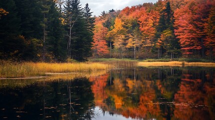 Autumn Colors Reflecting on a Calm Pond. Scenic Forest Landscape.