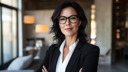 Fototapeta premium Middle age successful businesswoman with dark black hair and a black coat with white shirt wearing glasses, dedicated entrepreneur