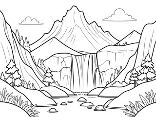Majestic Waterfall in Mountainous Landscape: A Coloring Page