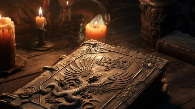 Candlelight illuminating an ancient leather-bound book featuring a dragon design rests on a wooden table, creating a warm and mystical atmosphere filled with history and magic