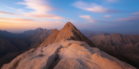 Naklejka premium An expansive landscape shot of the dry, wind-carved peaks of the Arabian Peninsula under a soft twilight sky
