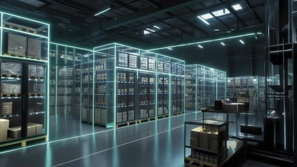 Futuristic warehouse showcases a forklift transporting products while an augmented reality interface displays real-time activity data, enhancing logistics and operational efficiency - Powered by Adobe