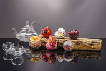 fruit berry tea in transparent balls and heart