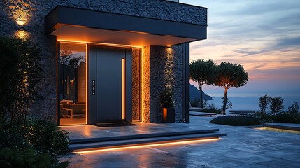 Contemporary front door with smart technology features like fingerprint scanning and keyless entry photographed at twilight with dramatic lighting highlighting the sleek metallic finish