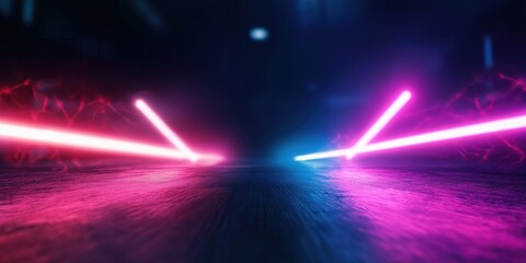 Colourful neon light trails in the city mist