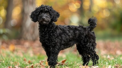 Adorable black toy poodle puppy standing in autumn leaves.