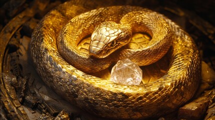 Obraz premium Golden Snake Coiled Around Sparkling Gemstone