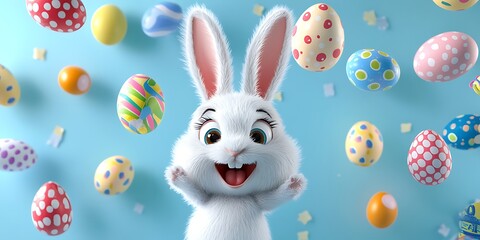 Cute little white bunny cartoon with easter eggs around him, happy rabbit easter eve new year gifts and happy vibe