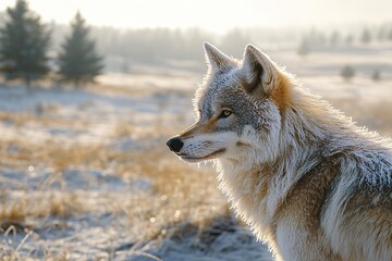 Fototapeta premium Intense gaze of wild wolf in frosty meadow at sunrise