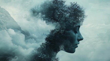 Nature's Embrace, Woman and Forest Double Exposure. Concept of peace, tranquility, and connection with nature.