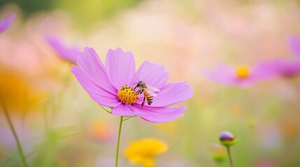 Fototapeta premium Bee pollinating a pink cosmos flower in a field.