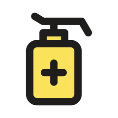 A pixel art illustration depicts a yellow hand sanitizer bottle with a plus symbol.