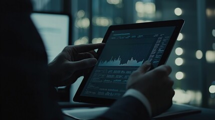 Businessman analyzing financial data on tablet at night.