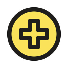 Fototapeta premium The image shows a simple yellow circular button featuring a black plus sign at its center.