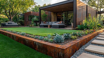 Contemporary green space a compact lawn surrounded by smooth gravel paths and sleek metal planters The planters house a mix of succulents and ornamental grasses creating a clean lowmaintenance design