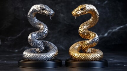 Fototapeta premium Two Metallic Snakes Face Each Other In Confrontation