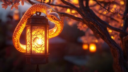 Golden Snake Coiled Around Illuminated Lantern