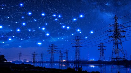 Accordion style energy stock market graph on electric power line background for insightful analysis