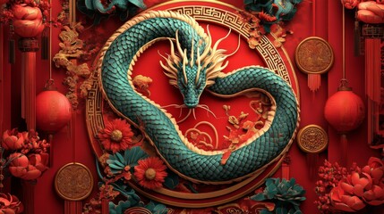 An Elegant Teal Dragon Amidst Festive Chinese Decor