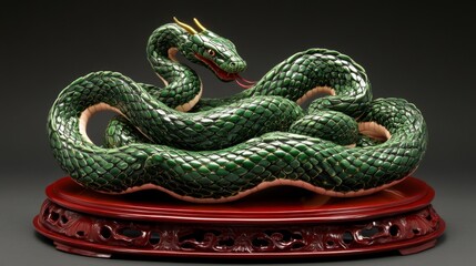 Fototapeta premium Exquisite Green Jade Serpent Sculpture On Stand
