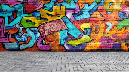 Obraz premium Graffiti painted wall with colorful random letters and number crowd design, street stylish artwork
