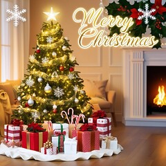 Christmas home interior with fireplace, Christmas tree and presents. Merry Christmas greeting card