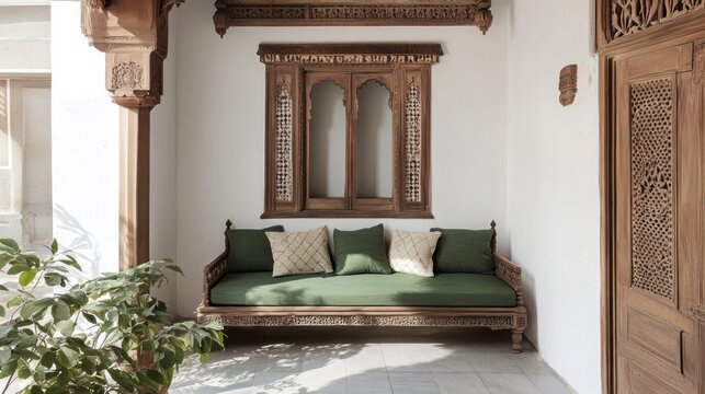 Green cushion daybed in ornate alcove.