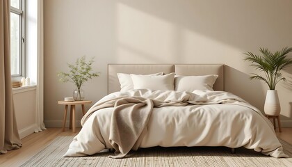 Serene Beige Bedroom: Minimalist Bed, Sunlit Room, Calm Atmosphere