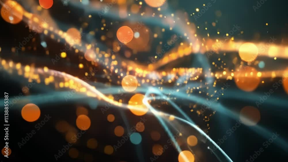 Poster golden particles flowing and swirling over a dark wavy surface, creating a mesmerizing and futuristi