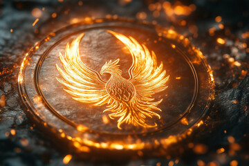 Fiery phoenix emblem rising from the ashes, symbolizing resurrection, strength, and immortality.