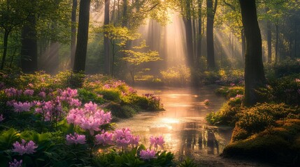 Obraz premium Sunlit creek flows through flower filled forest.