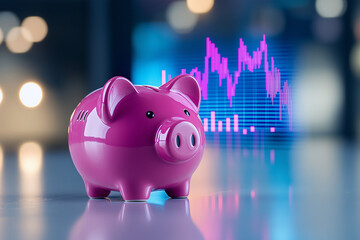 Pink piggy bank standing on reflective surface with volatile financial market graph in background, symbolizing financial savings, investment strategies and economic uncertainty.