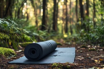Obraz premium Rolled mat rests on forest floor.