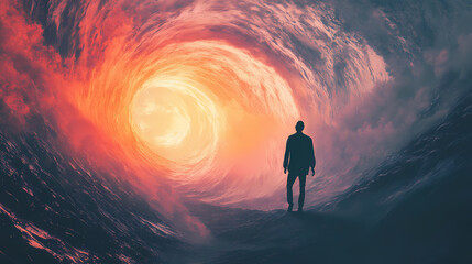 Obraz premium Solitary figure stands at the edge of a dimensional vortex. Vortex. Illustration