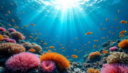 Naklejka premium Underwater paradise with vibrant corals and schools of fish illuminated by sun rays in a tranquil ocean, Coral reef with fish, World Wildlife Day