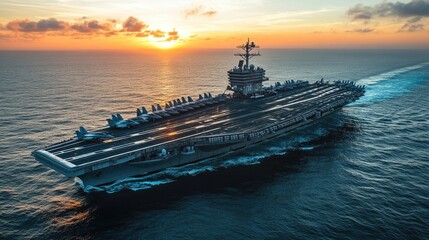 Aircraft carrier on the sea. Military warship with beautiful sunset at the background
